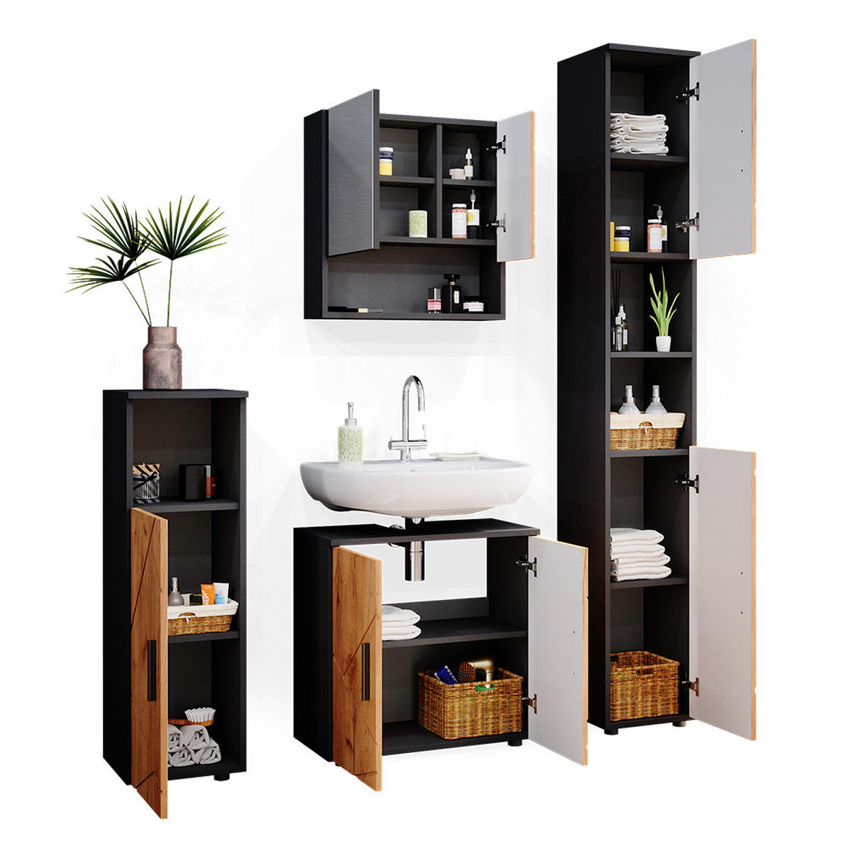 BADMÖBEL-SET Irma Goldkraft Eiche/Anthrazit 4 Teile, mit Hochschrank - Anthrazit/Eiche Wotan, Holzwerkstoff (80/58.6/41cm) - Vicco