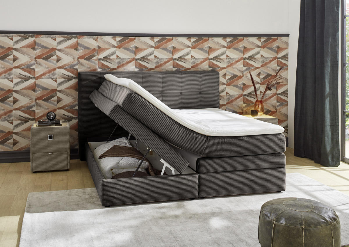 BOXSPRINGBETT 180x200 cm, 7-Zonen-Tonnentaschen-Federkernmatratzen H3, Topper, Bonell-Federkern, 2 Bettkästen, Cord Grau Anthrazit / 20038 - Anthrazit/Schwarz, Kunststoff/Textil (180/200cm) - luma-home