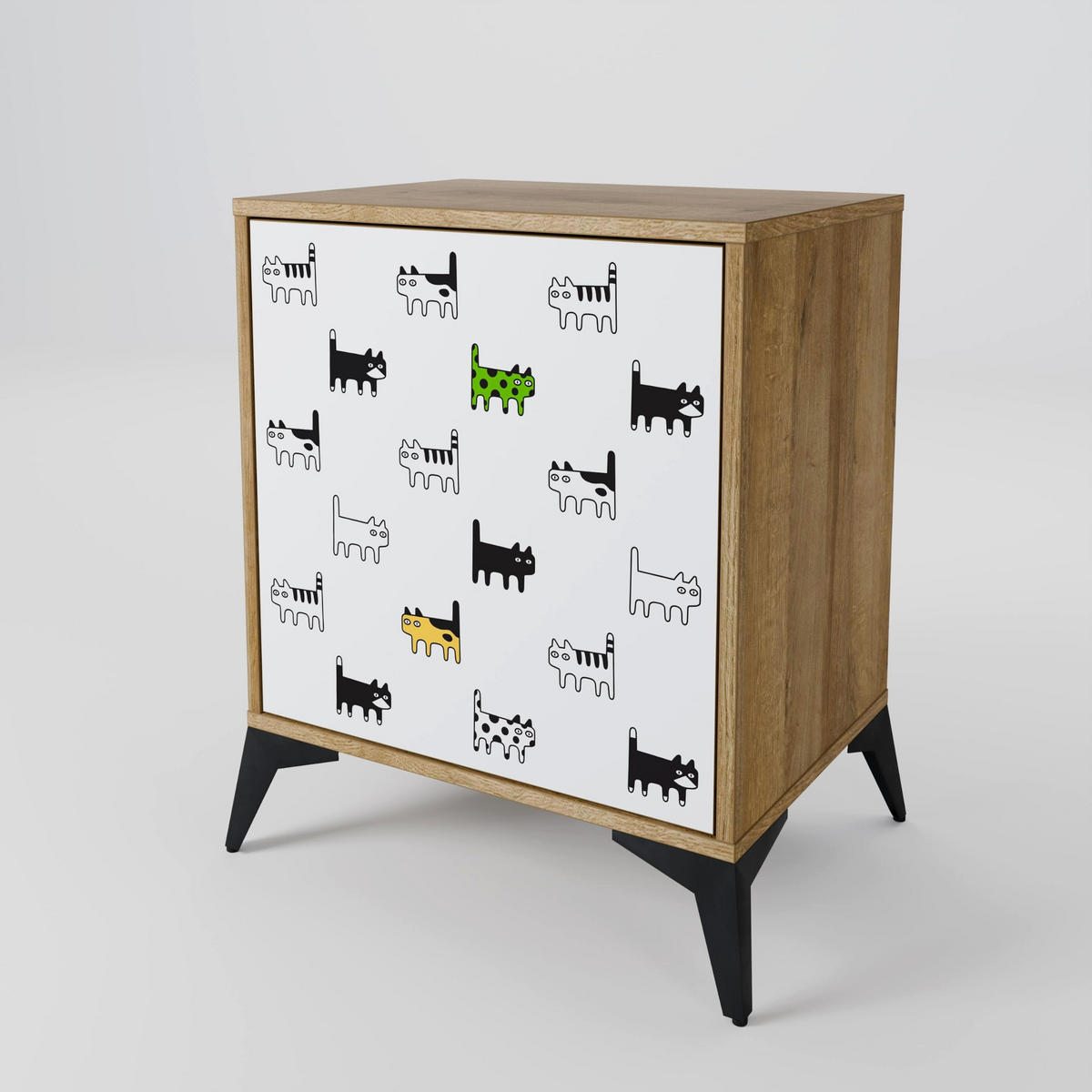 SIDEBOARD CATS COMPILATION, Eichefarben, 57,5x42x72,5 cm, Schwarze Metallfüße - Eichefarben/Multicolor, Holzwerkstoff/Metall (57.5/72.5/42cm) - SpaceRebels