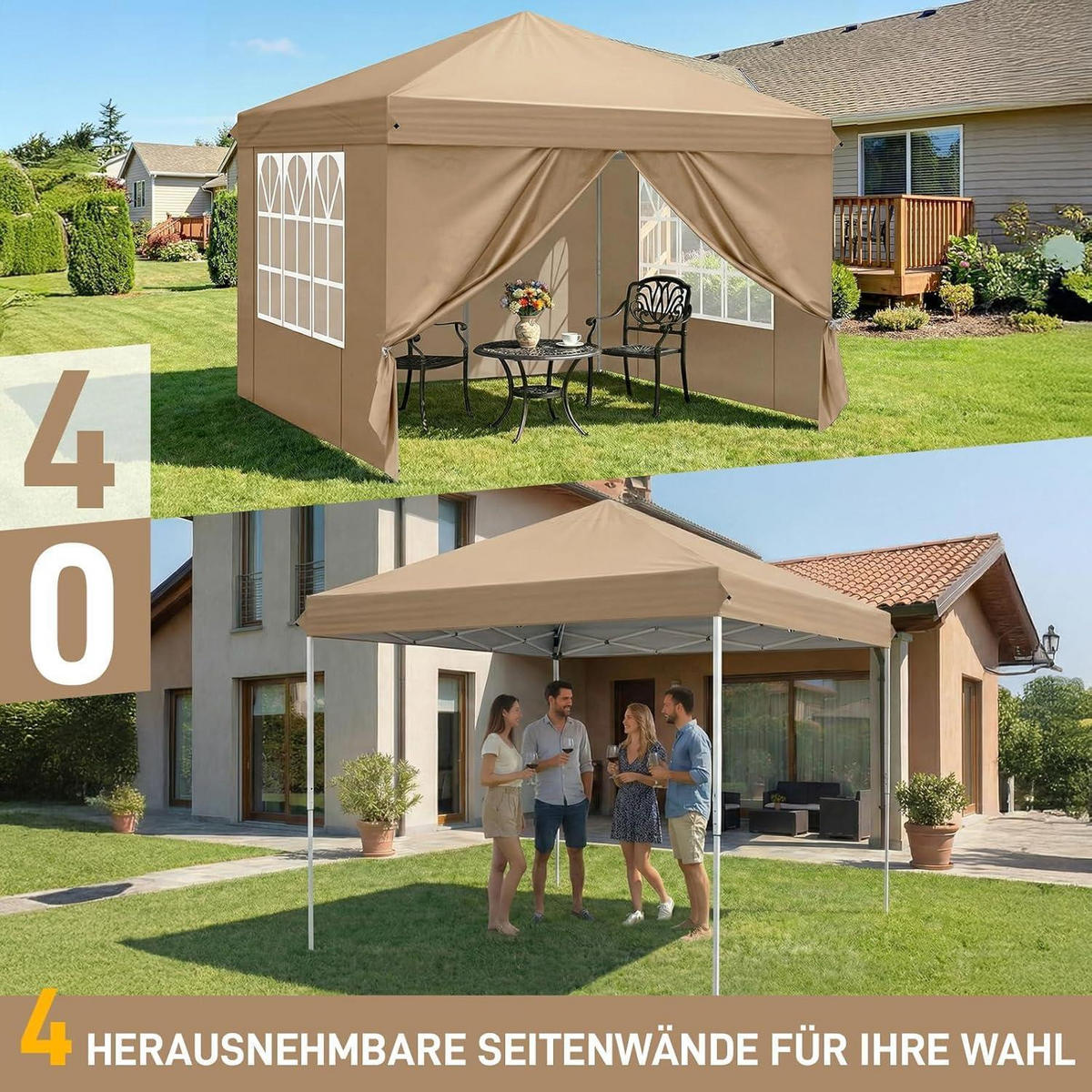 FALTPAVILLON 3 x 3 m Khaki Wasserdicht UV-Schutz 50+ mit 4 Seitenteilen - Olivgrün, Textil (300/255/300cm)