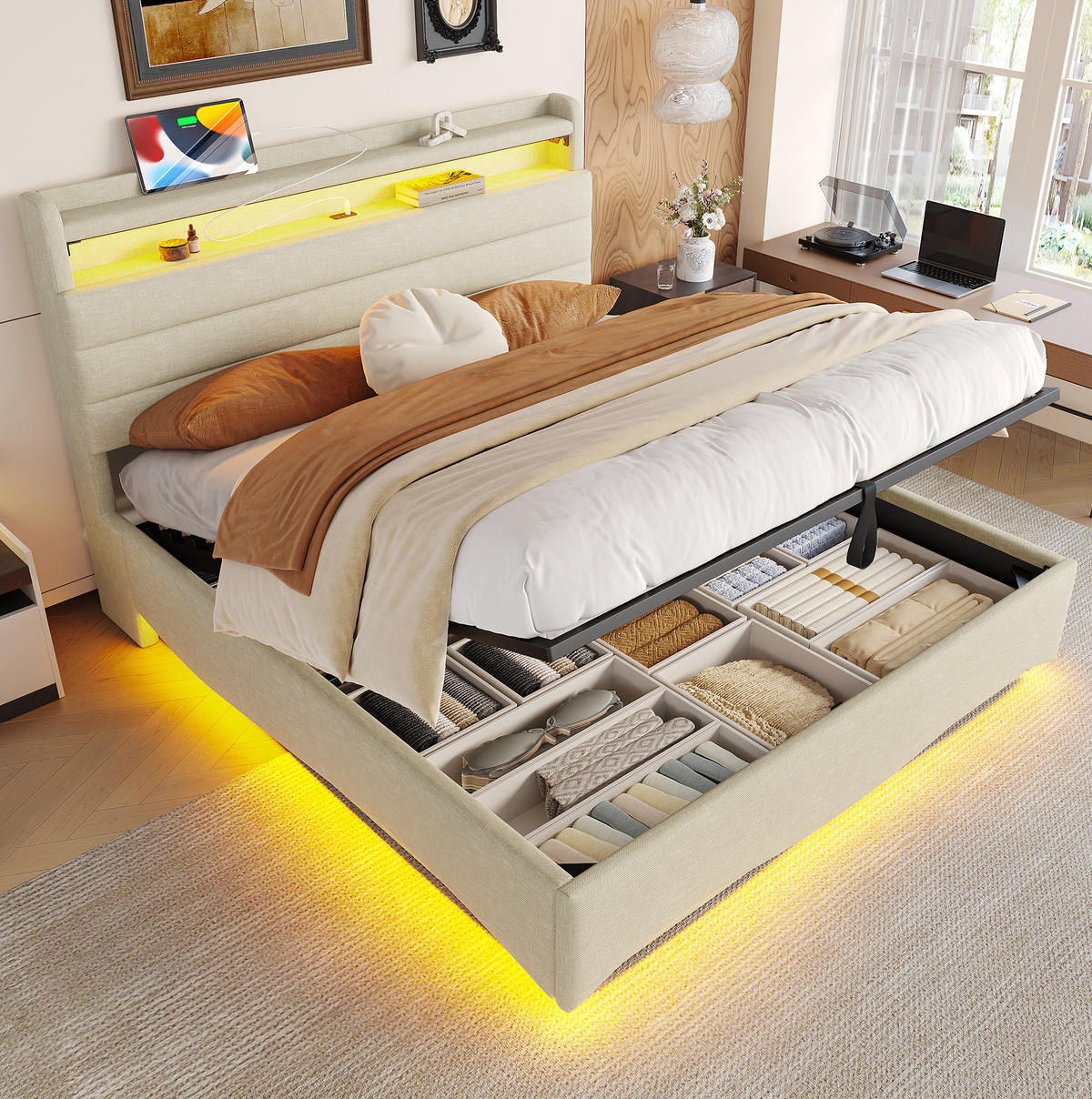 POLSTERBETT 140/200 cm Beige aus Leinen mit LED-Beleuchtung und Stauraum - Beige, Textil (140/200cm) - OKMYHOME