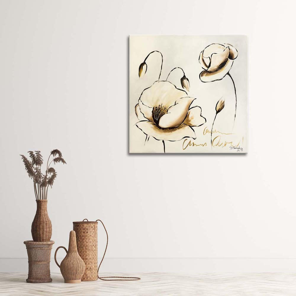 LEINWANDBILD Gemalte Blumen 50x50cm - Beige, Textil (50/50cm) - Feeby