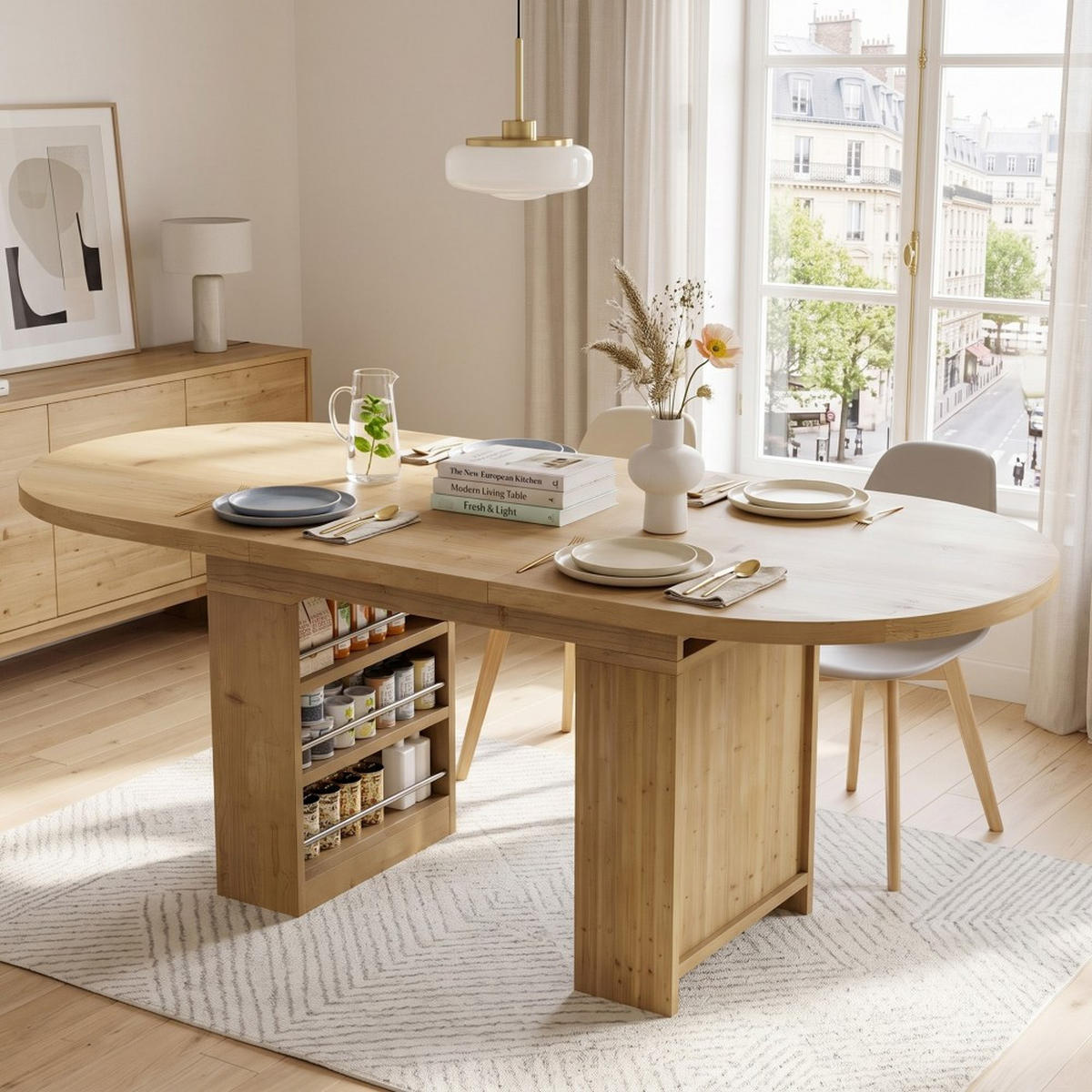 JÍDELNÍ STŮL Rozkládací dubový s úložným prostorem 150–200 × 90 cm - barva dubu, kompozitní dřevo (90/200/76cm) - Urban Meuble