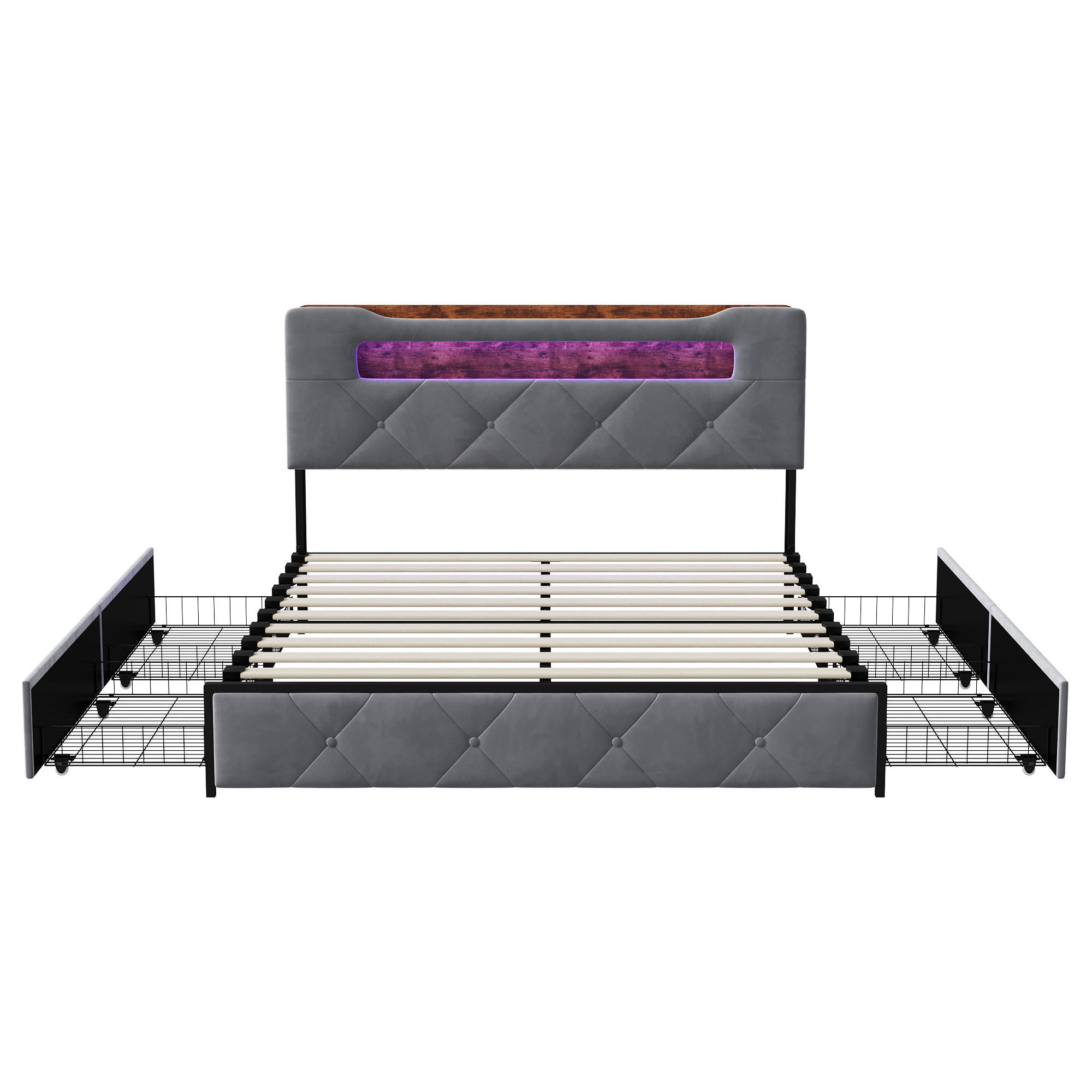 POLSTERBETT 140x190 cm mit LED, 4 Schubladen, Lattenrost, Grau - Grau, Holz (140/190cm)