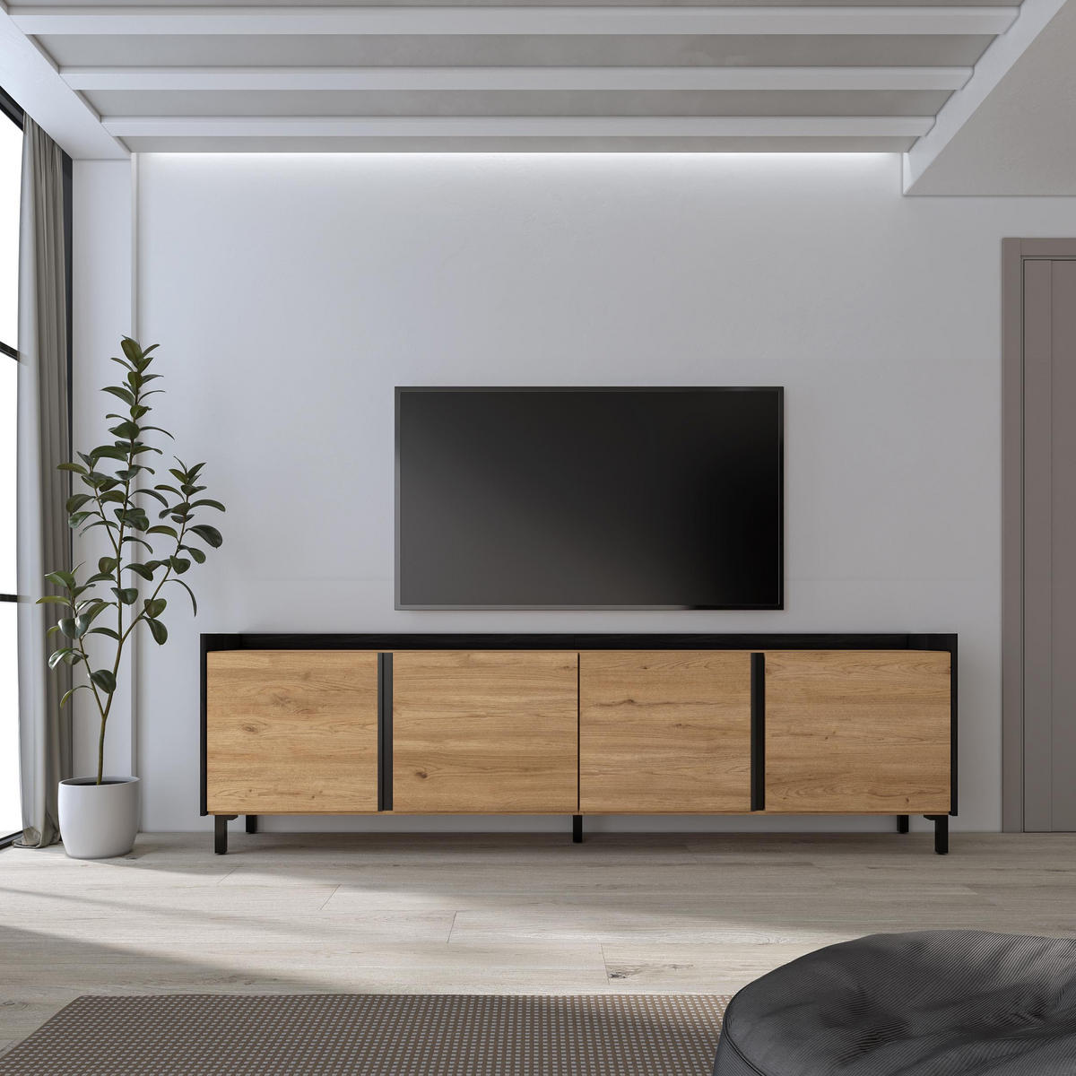 LOWBOARD, Eiche und Schwarz, 207/35/61cm, mit Beinen - Eichefarben, Holzwerkstoff (207/61/35cm) - Skraut Home