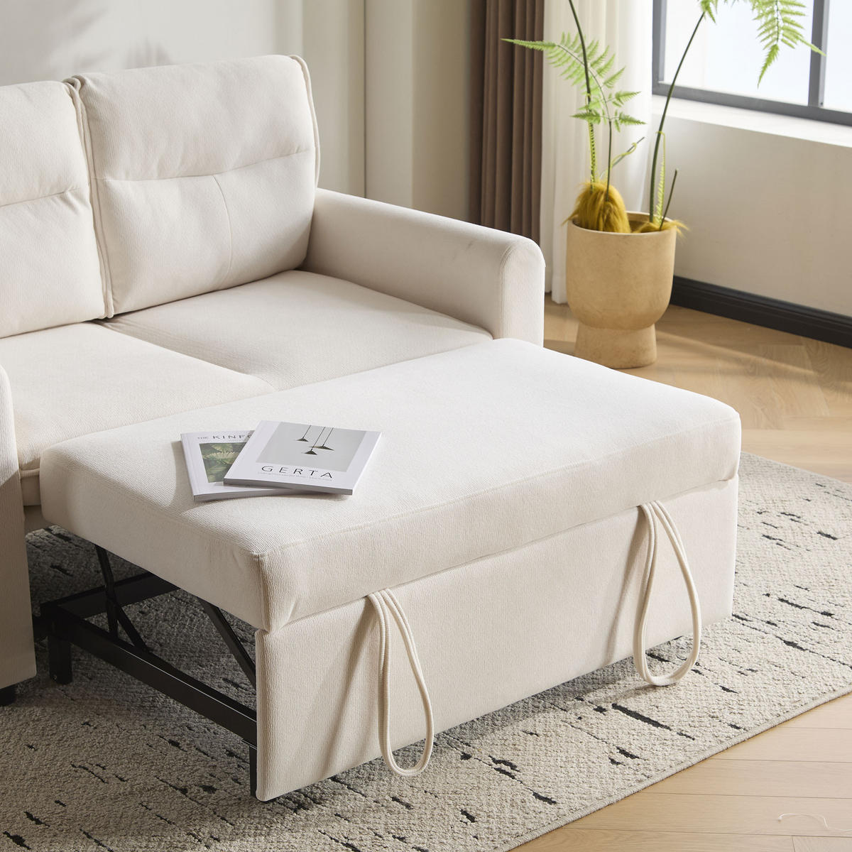 SOFA 2-Sitzer Schlafsofa Ausziehfunktion Verstellbare Lehne Platzsparend - Beige, Holz (106.48/27.69/67.31cm) - FLIEKS