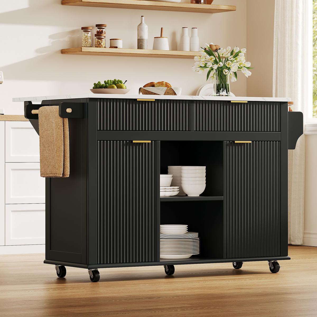KÜCHENINSEL DE-41395 143/45-69/89,5 cm, klappbare Arbeitsplatte, 2 Schubladen Schwarz - Schwarz, Holzwerkstoff (143/89.5/45cm) - ComfortXL
