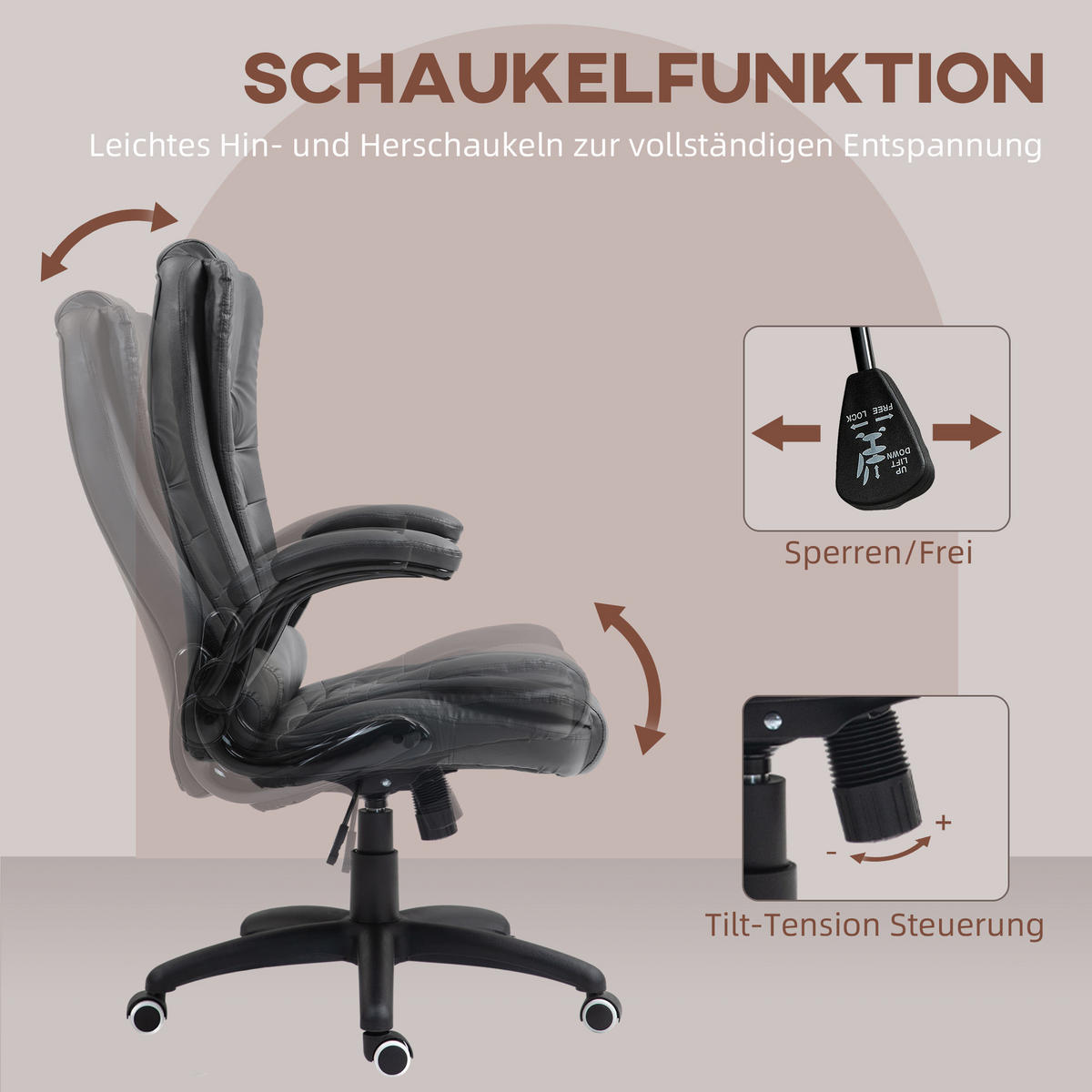 BÜROSTUHL, Ergonomisch Chefsessel mit Wippfunktion, Hochklappbare Armlehne - Dunkelgrau, Kunststoff (69/121/60cm) - HOMCOM