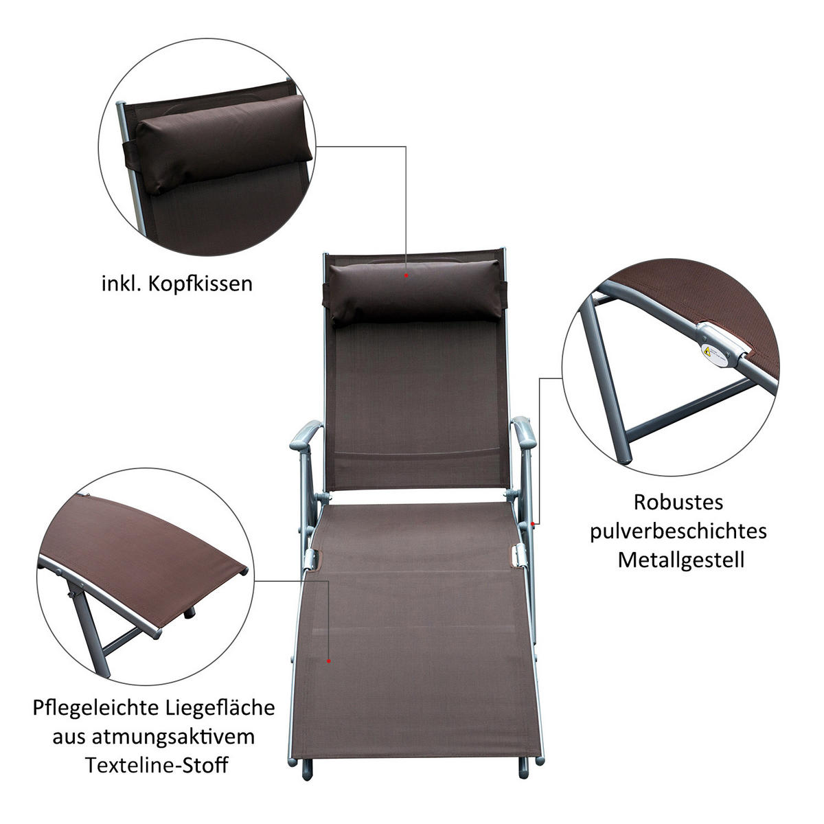 SONNENLIEGE Gartenliege klappbar mit Kissen Braun - Braun, Metall (63.5/100.5/137cm) - ComfortXL