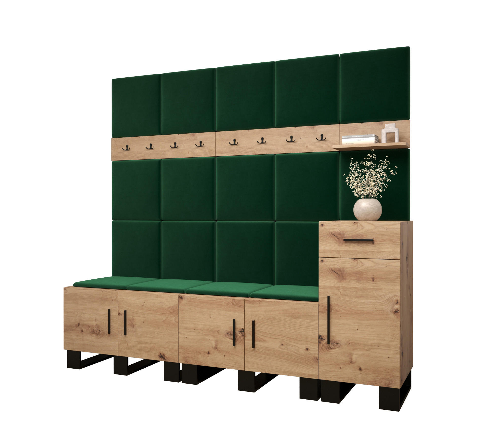 Abiks Möbel Garderoben-Set Eiche Artisan, Waldgrün 210x196x45.6 cm