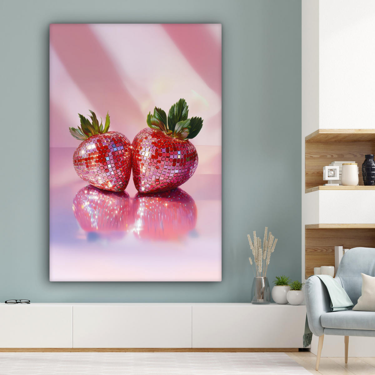 LEINWANDBILD Disco - Obst - Glitzer - Erdbeere 90x140 cm - Pink, Textil (90/140cm) - MuchoWow