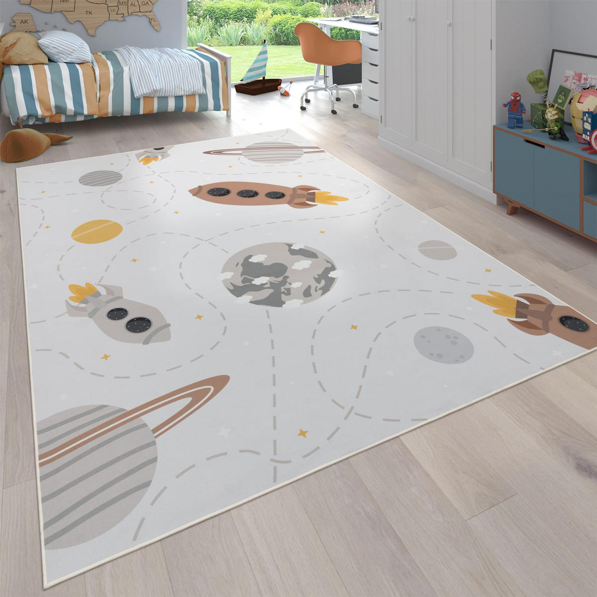 KINDERTEPPICH waschmaschinenwaschbar Weltraumraketen‑Muster Kinderzimmer schmutzabweisend Creme Rechteckig 160x220 - Creme, Textil (160/220cm) - KADIMA DESIGN