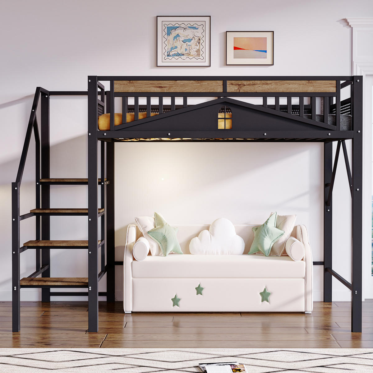 HOCHBETT 140/200 cm mit Sicherheitsleiter, Fensterdesign und Stauraum, Schwarz - Schwarz, Metall (140/200cm) - Redom