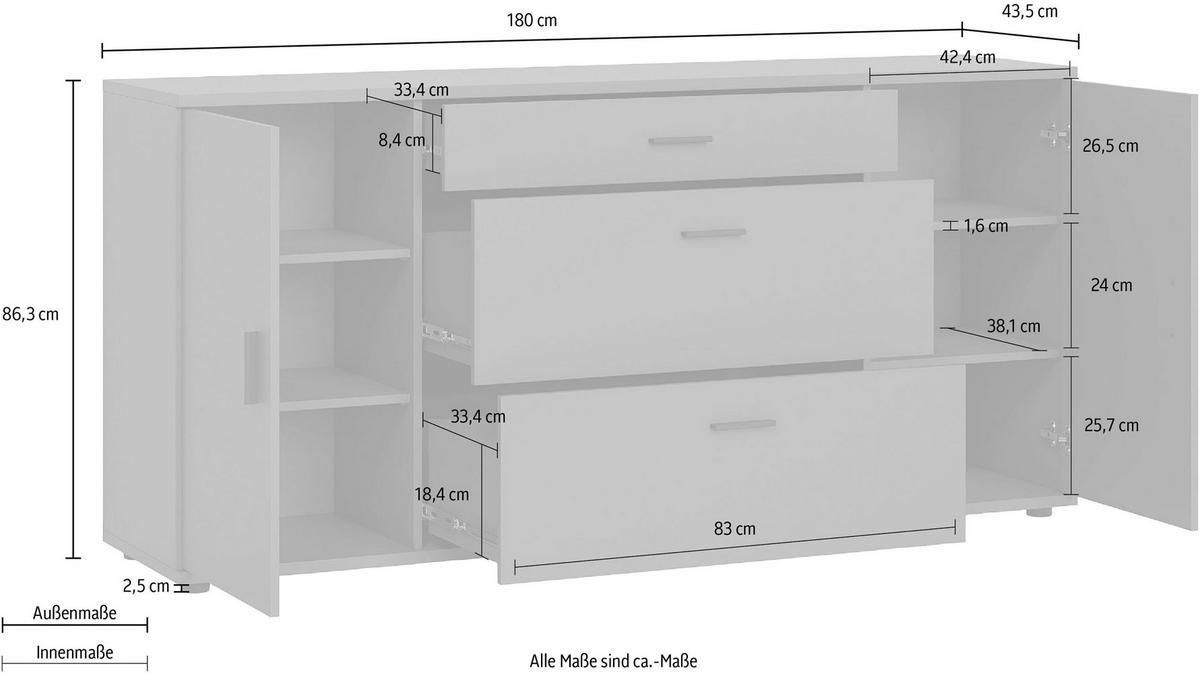 KOMMODE Henley weiß / weiß Hochglanz 180 / 43,5 / 86cm - Weiß Hochglanz/Schwarz, Holz/Holzwerkstoff (180/86/43.5cm) - Feldmann-Wohnen