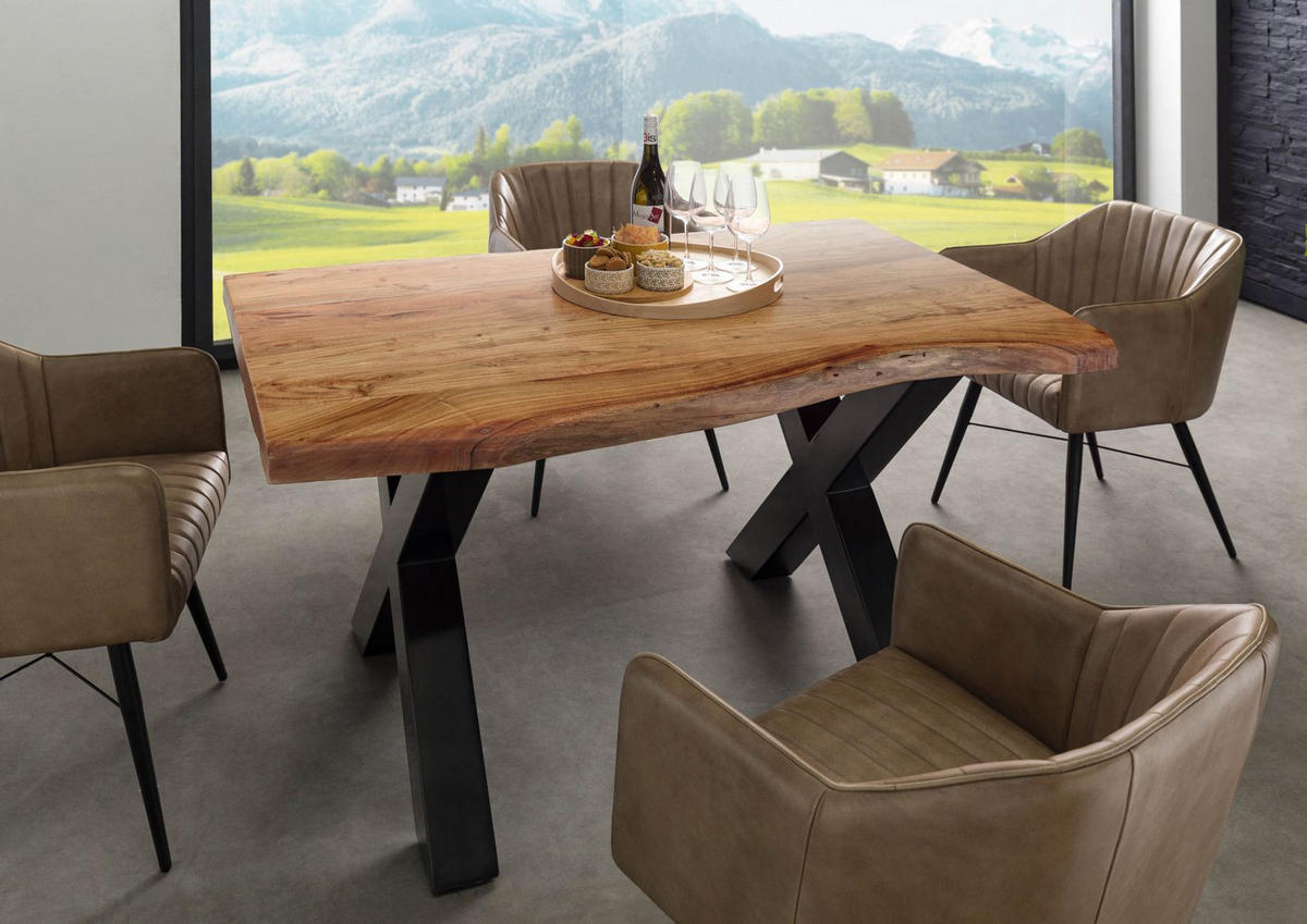 BAUMTISCH Akazie 140x90x77 Akazie natur lackiert / X-Beine anthrazit glänzend FREEFORM 5 - Naturfarben, Holz (140/90/77cm) - Massivmoebel24