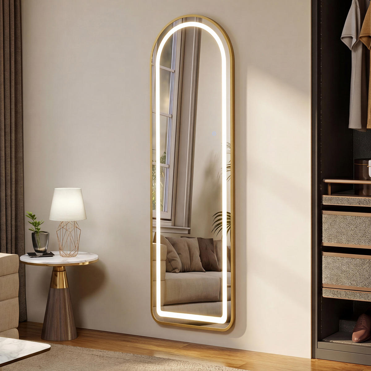 WANDSPIEGEL LED 150 x 40 cm aus Sicherheitsglas, Bogenform, gold - Goldfarben, Metall (40/150/3cm)