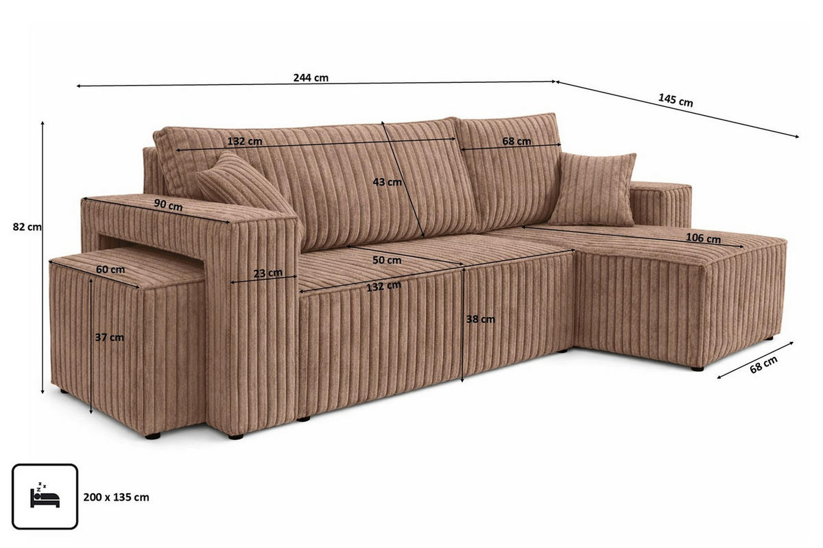 ECKSOFA Mit Schlaffunktion Und Pouf, Cordstoff Tilia, Braun, Rechts, Best L Mit Pouf - Braun, Holz (244/145cm) - Kaiser Möbel