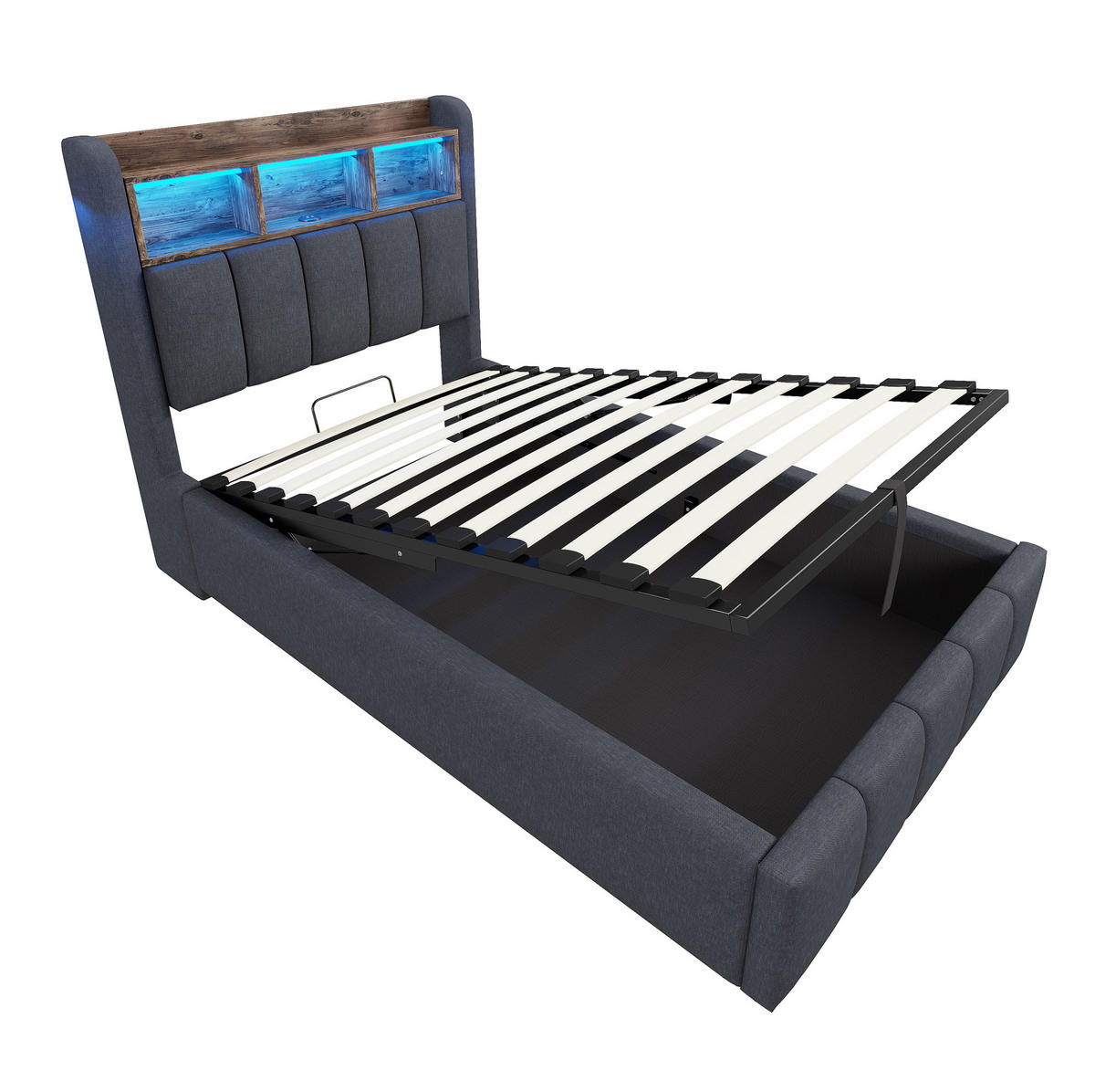 POLSTERBETT 90/200 cm mit Bettkasten und LED-Beleuchtung in Grau - Grau, Textil (90/200cm) - BEAOK