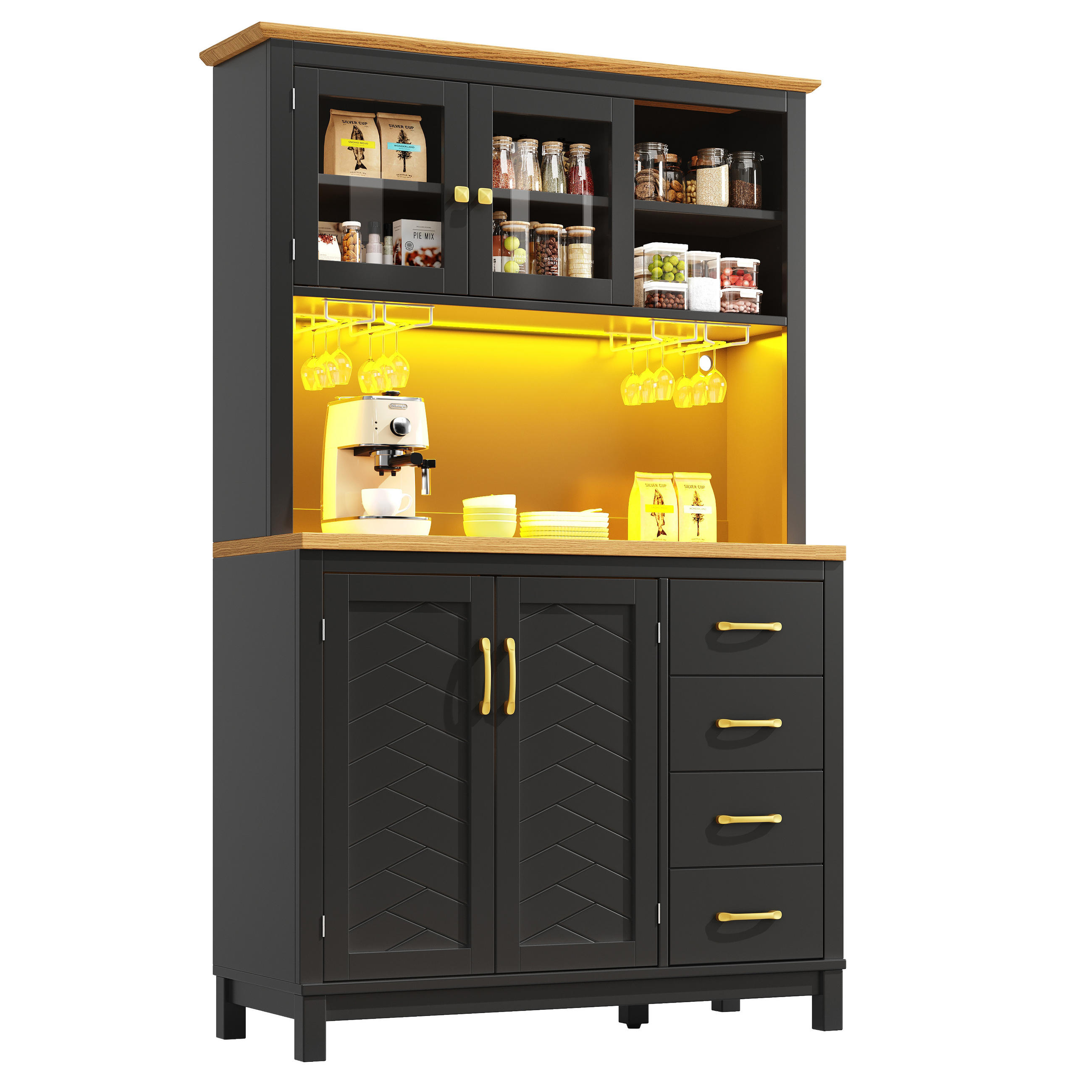 GESCHIRRSCHRANK aus MDF 105.5x40x180cm in Schwarz mit LED-Lichtleiste - Schwarz, Holzwerkstoff (105.5/180/40cm) - Modfu