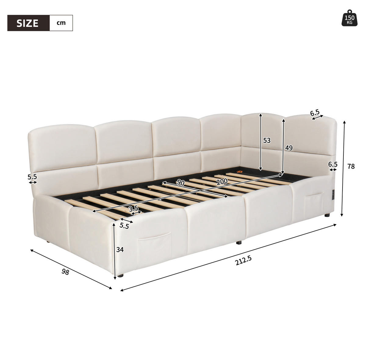 POLSTERBETT 90/200 cm in Beige aus Samt mit Stauraum und USB- und Type-C-Anschlüssen - Beige, Textil (90/200cm) - Flora Grace