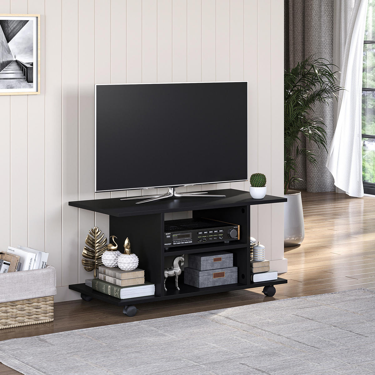 TV-BANK Schwarz 80/40/40 cm, auf Rollen, mit Ablagen - Schwarz, Holz (80/40/40cm) - PANGIVO