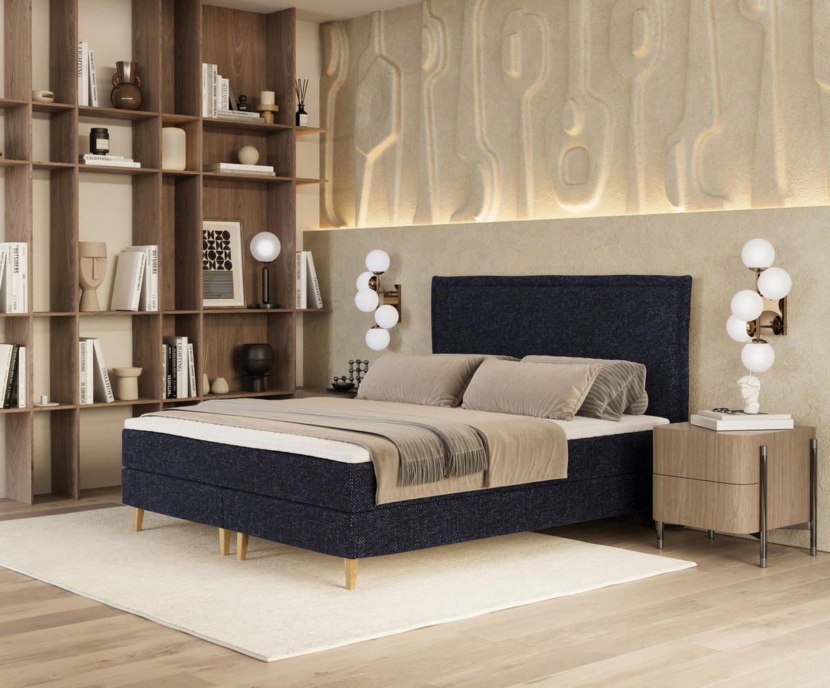 KONTINENTALBETT Calma Marineblau 200/200 cm mit Matratze und Topper - Naturfarben/Dunkelblau, Holz/Holzwerkstoff (200/200cm) - Maison de Reve