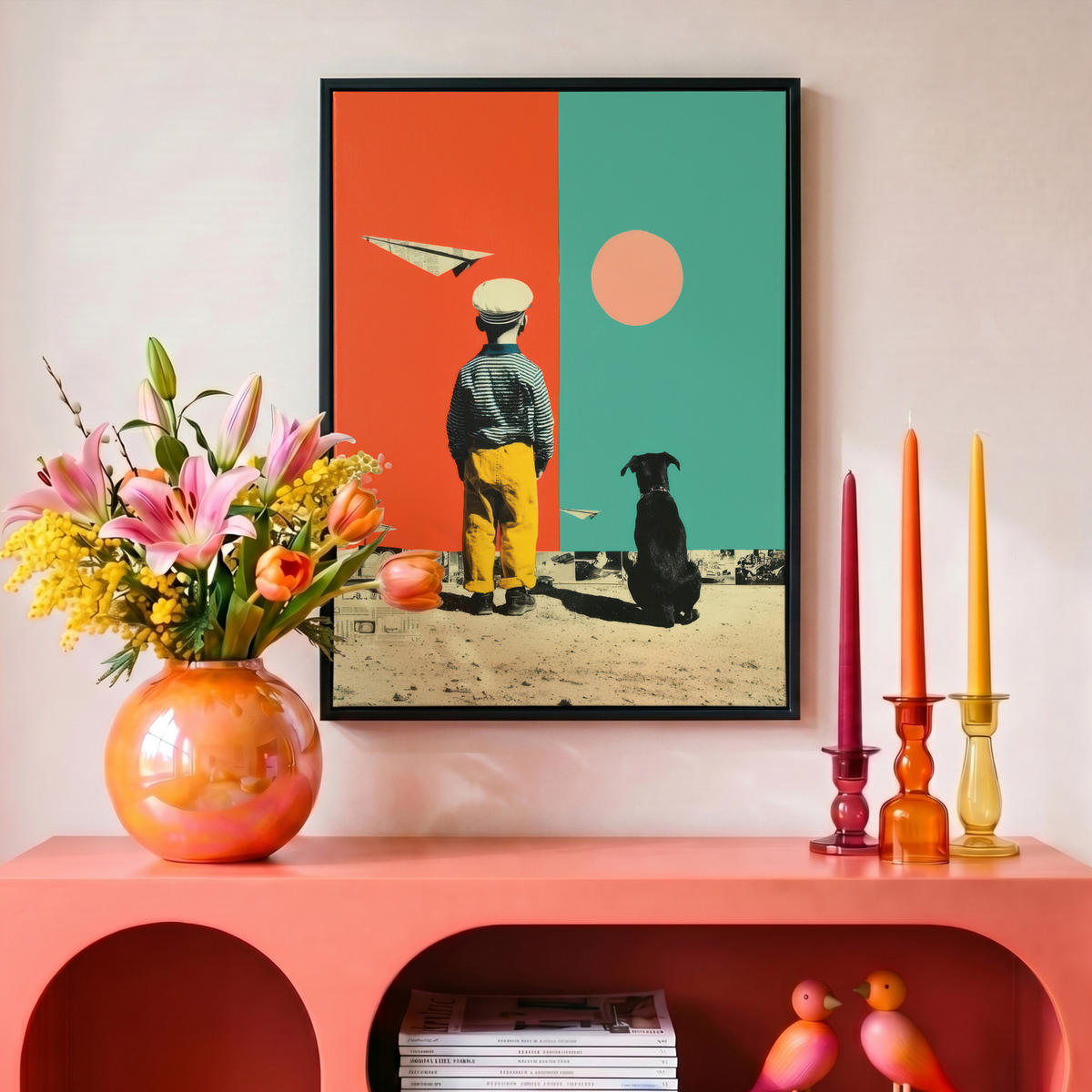 LEINWAND Bilder mit Rahmen - Retro - Junge - Hund - Rot - Grün - 30x40 - Orange, Textil (30/40cm) - MuchoWow