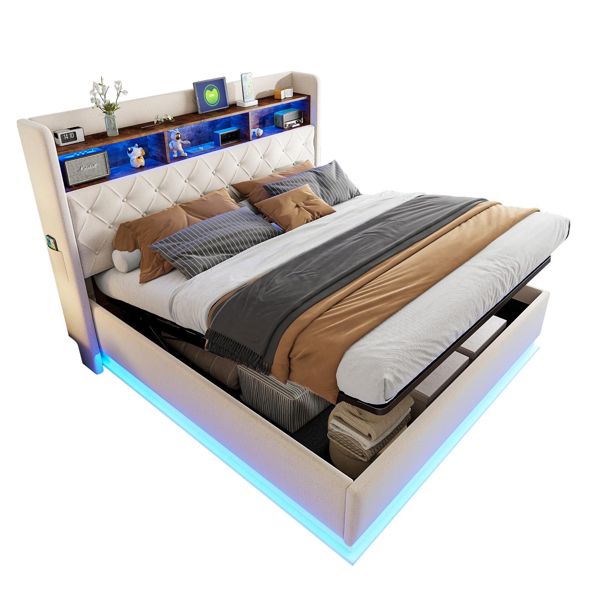 POLSTERBETT 180/200 cm Beige mit LED-Beleuchtung, USB-Anschluss und Stauraum - Beige, Textil (180/200cm) - Flora Grace