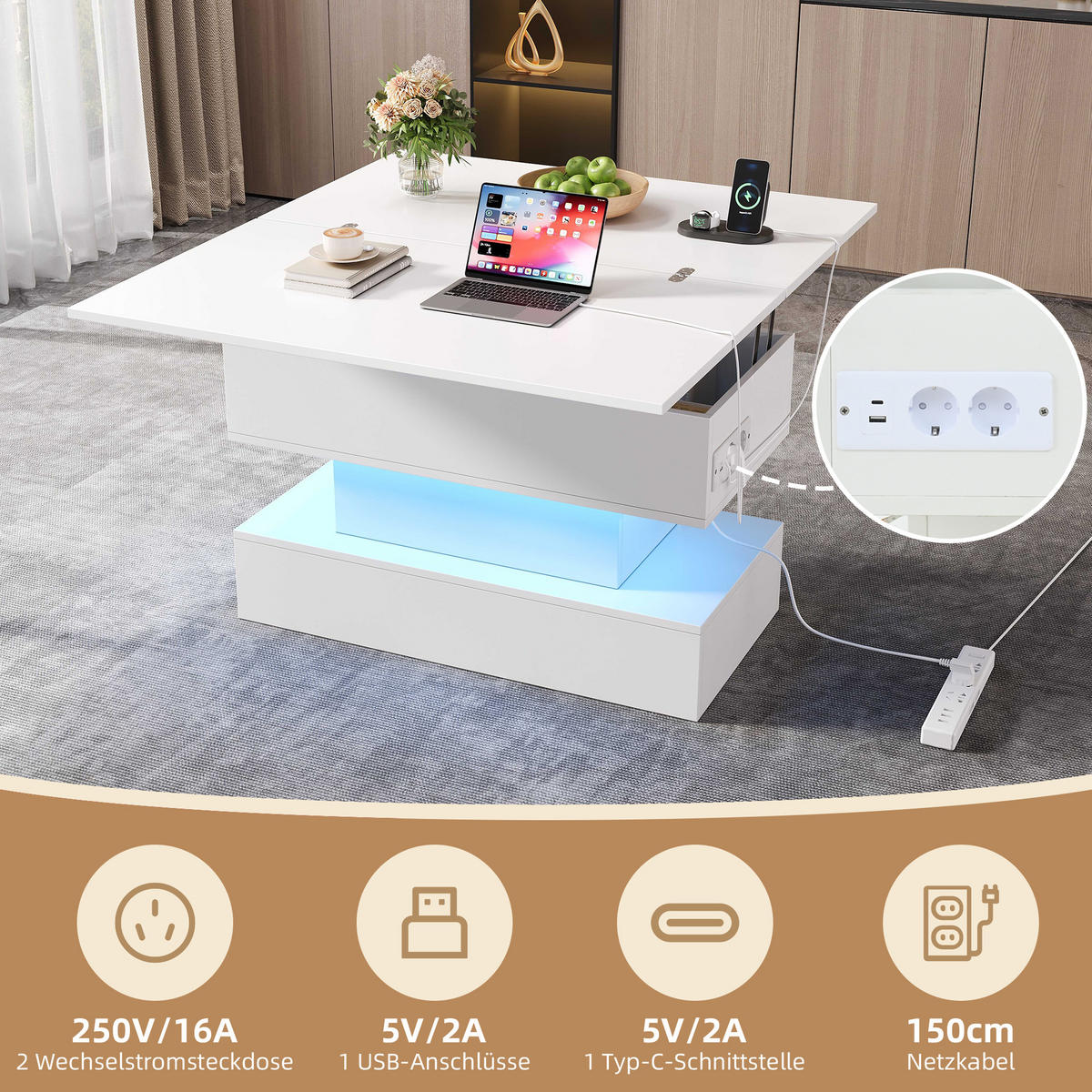 COUCHTISCH 100x50x51.5 cm Weiß LED Lift USB Steckdose Stauraum - Weiß, Holzwerkstoff (100/50/51.5cm)