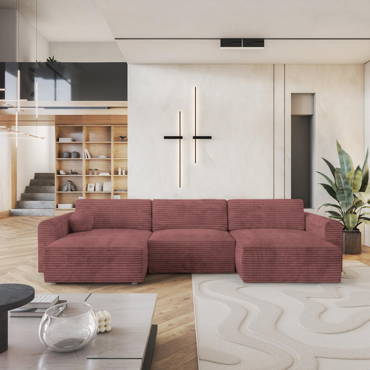 ROHOVÁ SEDAČKA FENTO starorůžová - šedá/starorůžová, dřevo/textil (347/148cm) - MASSENO