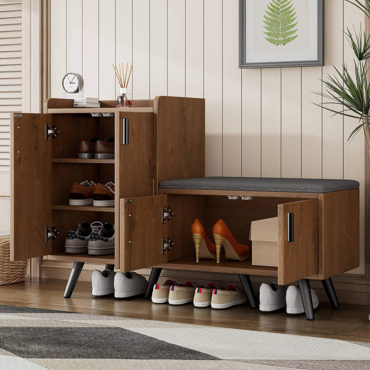SCHUHSCHRANK aus Spanplatte 120x34x82cm in Natur mit Sitzpolster - Naturfarben, Holzwerkstoff (120/82/34cm) - Modfu