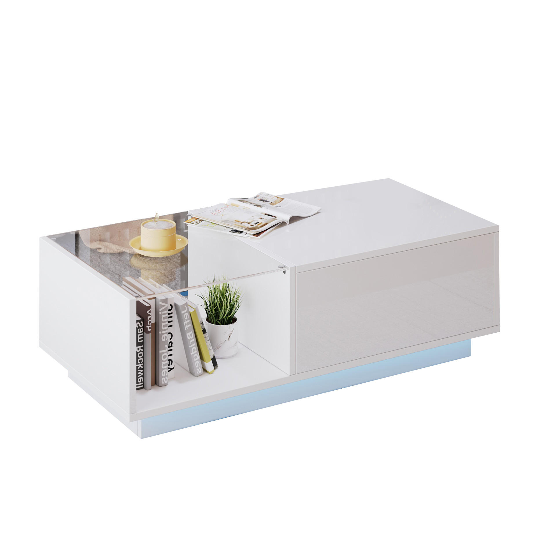 COUCHTISCH Hubtisch 100/50 cm LED 60000 Farben Stauraum Glas Hochglanz Spanplatte modern Wohnzimmer - Weiß, Holzwerkstoff (100/50/33cm) - EVRYAE