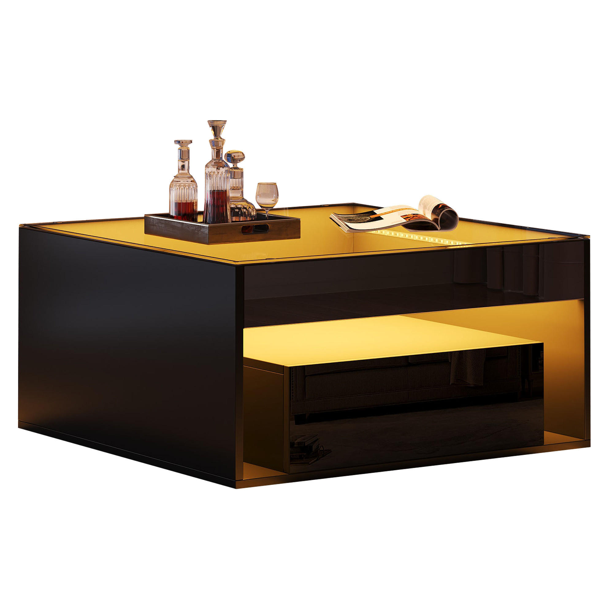 COUCHTISCH 70/70/35 cm schwarz aus MDF und Glas mit LED - Schwarz, Holzwerkstoff (70/70/35cm) - OKMYHOME