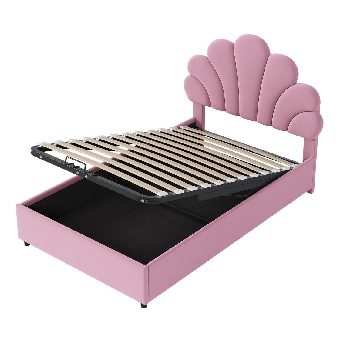 POLSTERBETT 90/200 cm Rosa mit geblümtem Kopfteil und hydraulischem Stauraum aus Samt - Rosa, Textil (90/200cm) - OKWISH