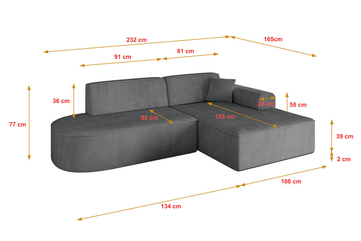 ECKSOFA Ottomane Rechts IREA-L1-v3 - 232x165x77 cm Duneklgrau - Dunkelgrau, Holzwerkstoff/Textil (232/165cm) - ALTDECOR