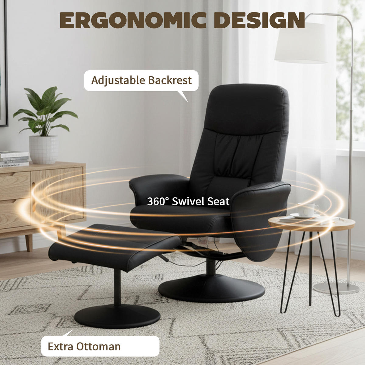 RELAXSESSEL Massagesessel mit Liegefunktion Fußhocker Stauraum TV-Sessel Schwarz - Schwarz, Kunststoff/Metall (81/105/76cm) - HOMCOM