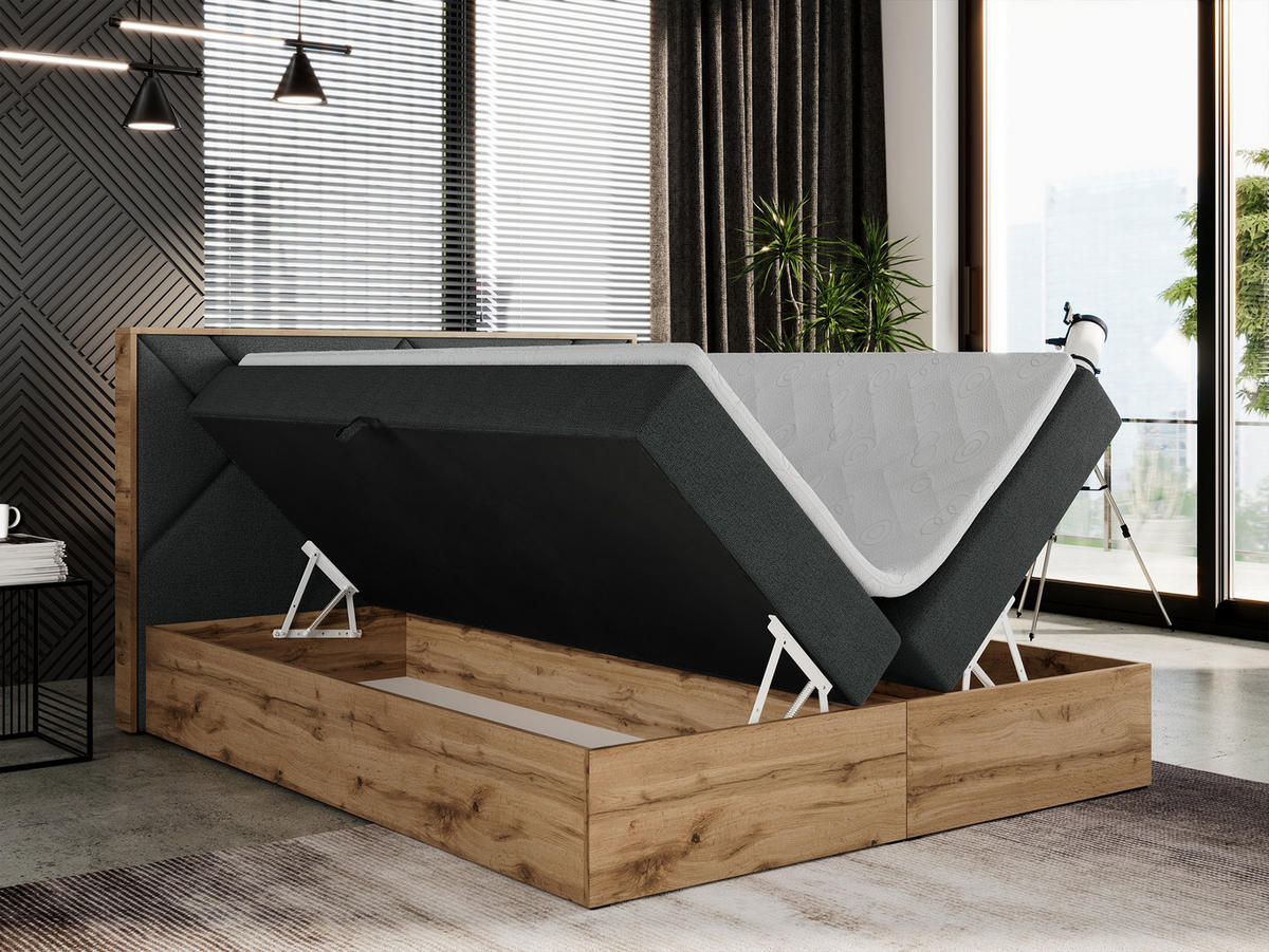 BOXBETT GUNAR - 160/200 Dunkelgrau Struktur - H3 - Dunkelgrau, Holz/Textil (160/200cm) - MKS
