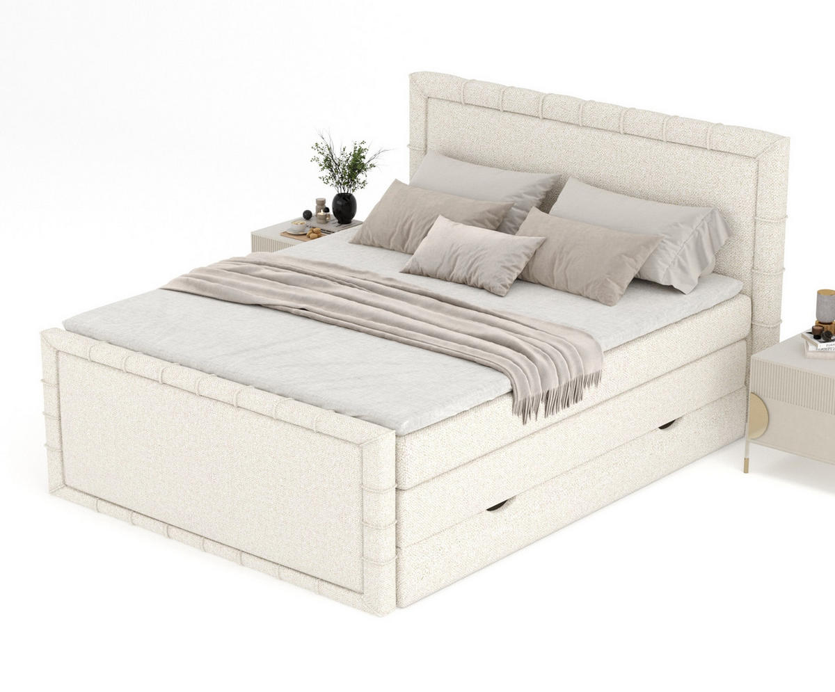 BOXBETT Estelle Creme 140/200 cm im Boucle-Stoff - Creme/Schwarz, Holz/Holzwerkstoff (140/200cm) - Maison de Reve