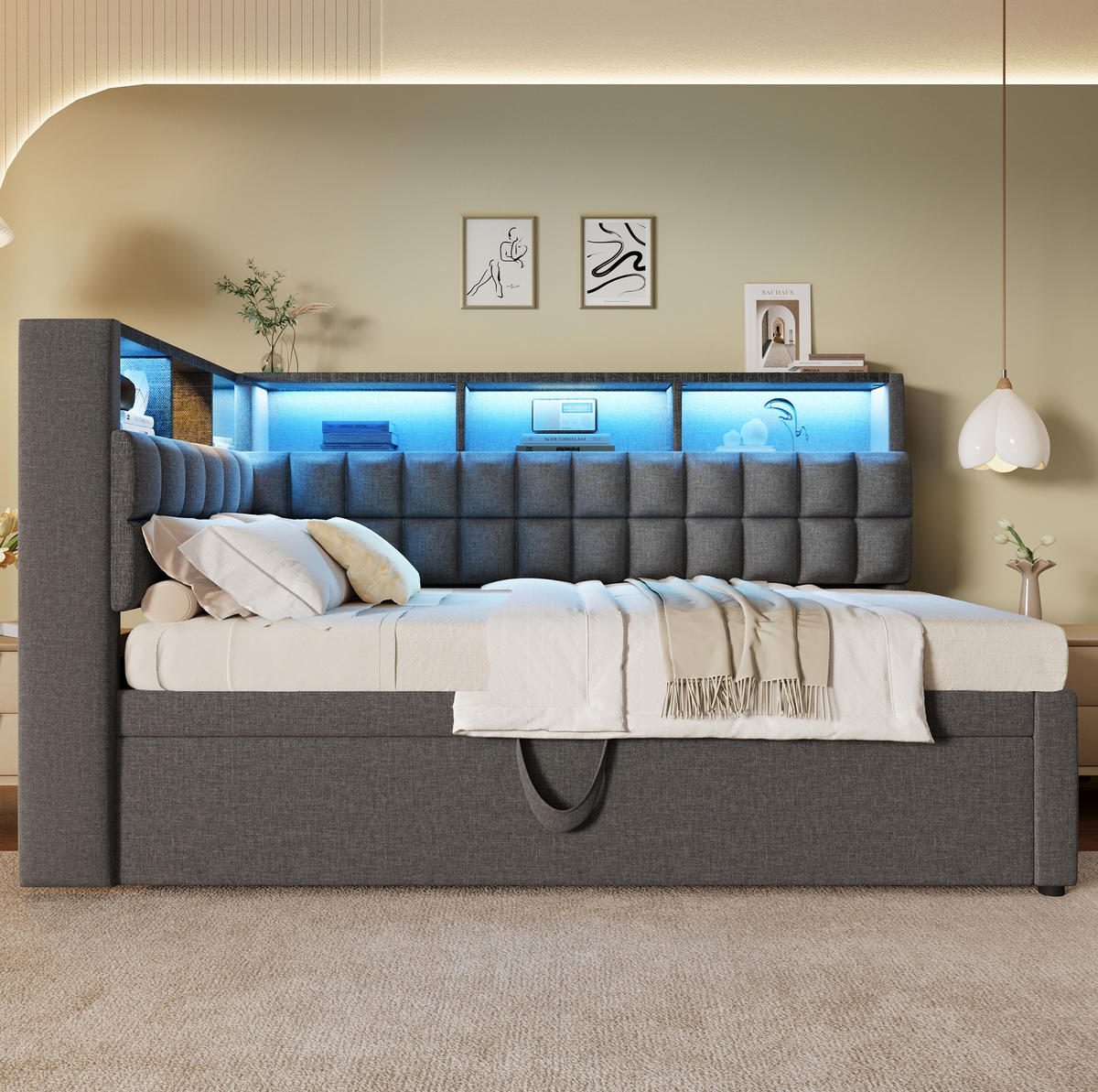 POLSTERBETT 90/200 cm mit Ausziehbett, LED, Bluetooth-Lautsprecher und USB-C - Grau, Textil (90/200cm) - BEAOK