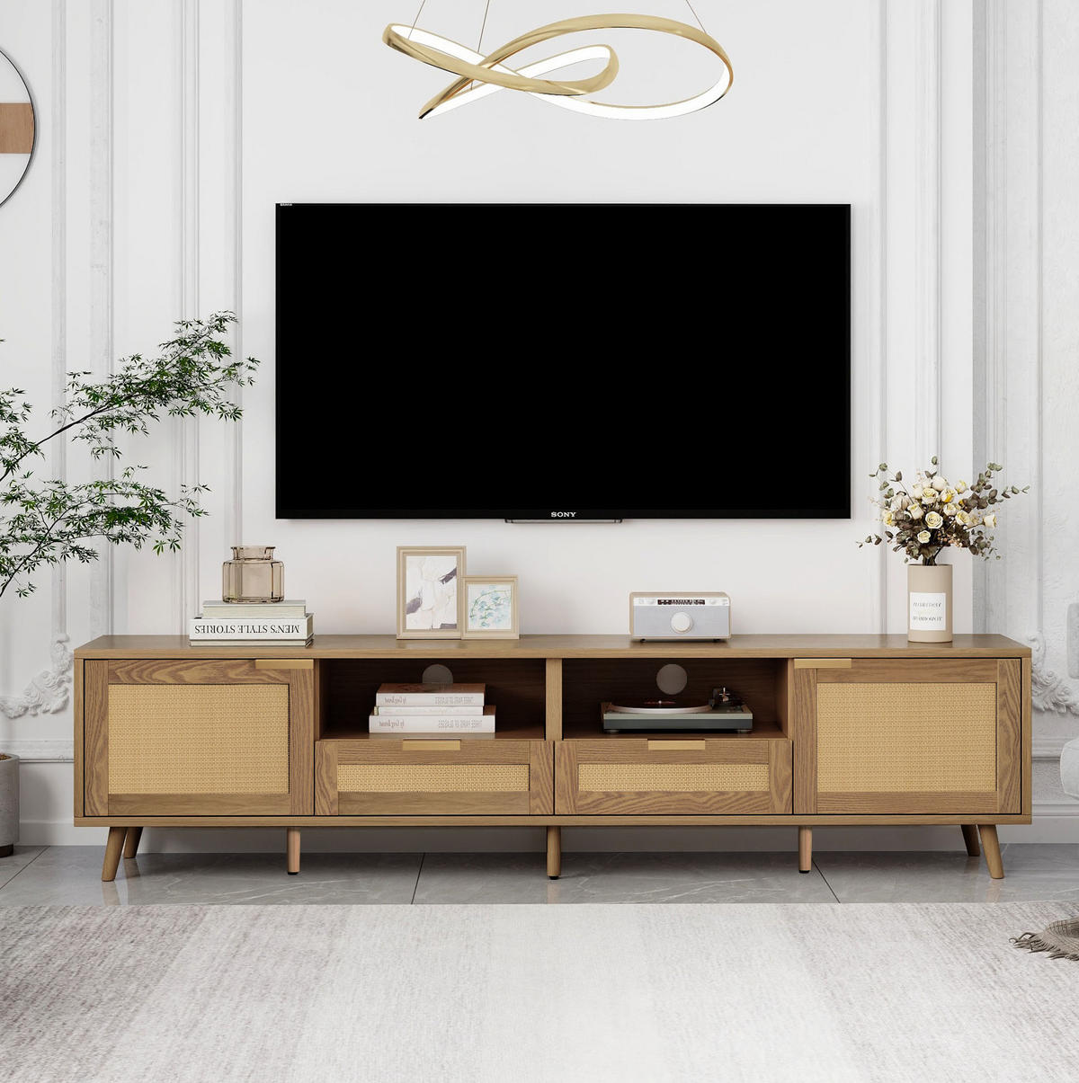 TV-SCHRANK in Eiche mit Rattan-Details, 2 Türen und 2 Schubladen 200/37/49 cm - Eichefarben, Holzwerkstoff (200/49/37cm) - Redom