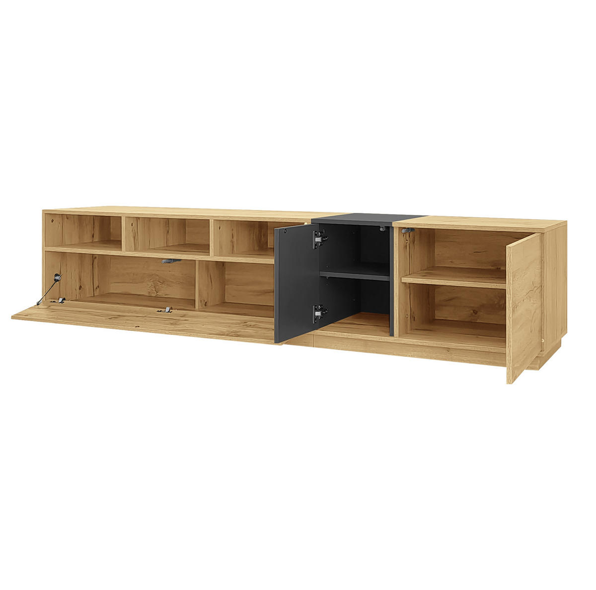 TV stolek 200/45/45 cm s otevřenými přihrádkami a kabelovými průchodkami, dvířky a tichým zavíráním, Černá/Šedá a přírodní - černá, kompozitní dřevo (200/45/45cm) - Redom