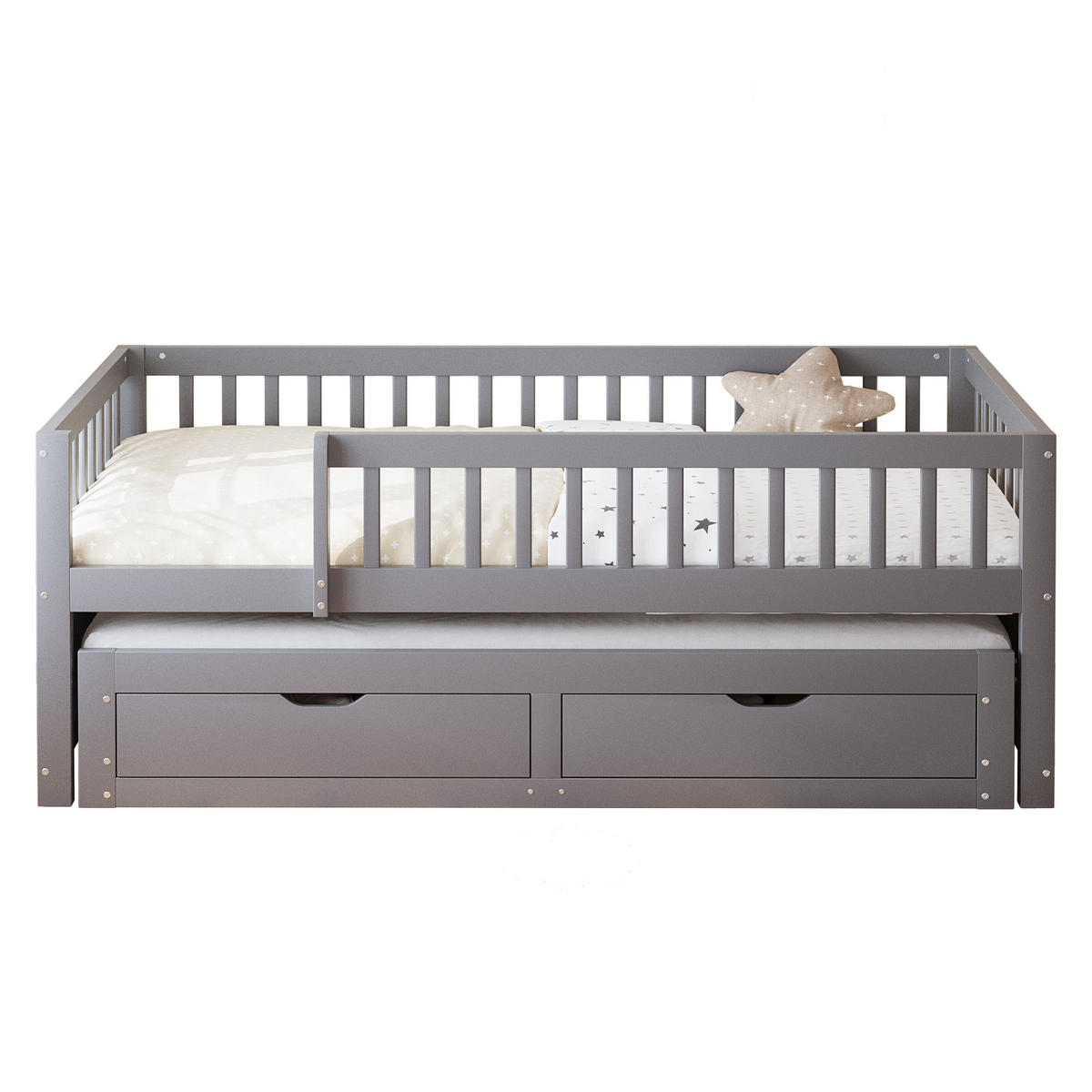 MULTIFUNKTIONSBETT 90/200 cm grau aus Holz mit Ausziehbett und 2 Schubladen - Grau, Holzwerkstoff (90/200cm) - OKWISH