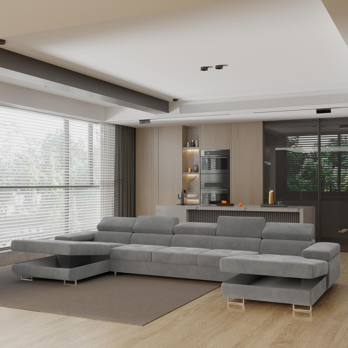 WOHNLANDSCHAFT OMBRA Grau Velours-Stoff mit Schlaffunktion - Grau, Holz (425/90/202cm) - MASSENO