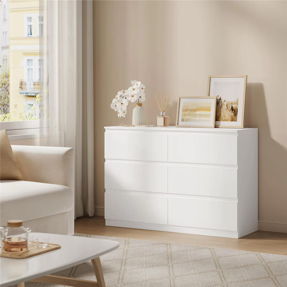 KOMMODE 6 Schubladen Sideboard weiß 100x69x36 cm - Weiß, Holz (100/69/36cm) - Kaket