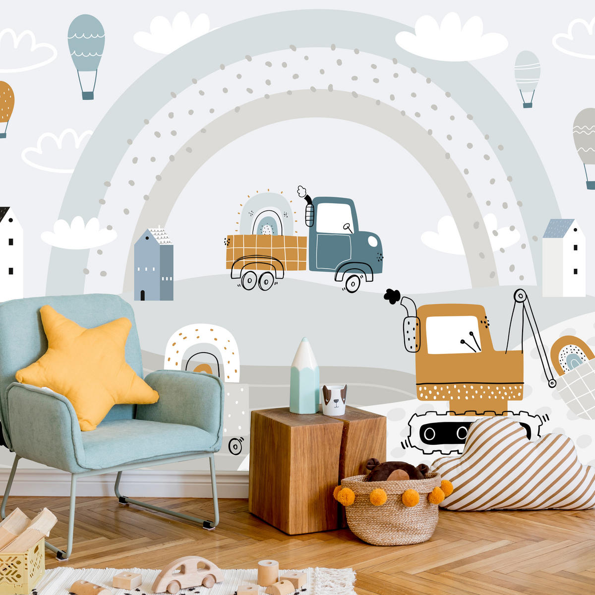 FOTOTAPETE für Kinderzimmer Baumaschinen Regenbogen Hügel Wolken 350x256 - Blau/Beige, Papier (350/256cm) - Muralo