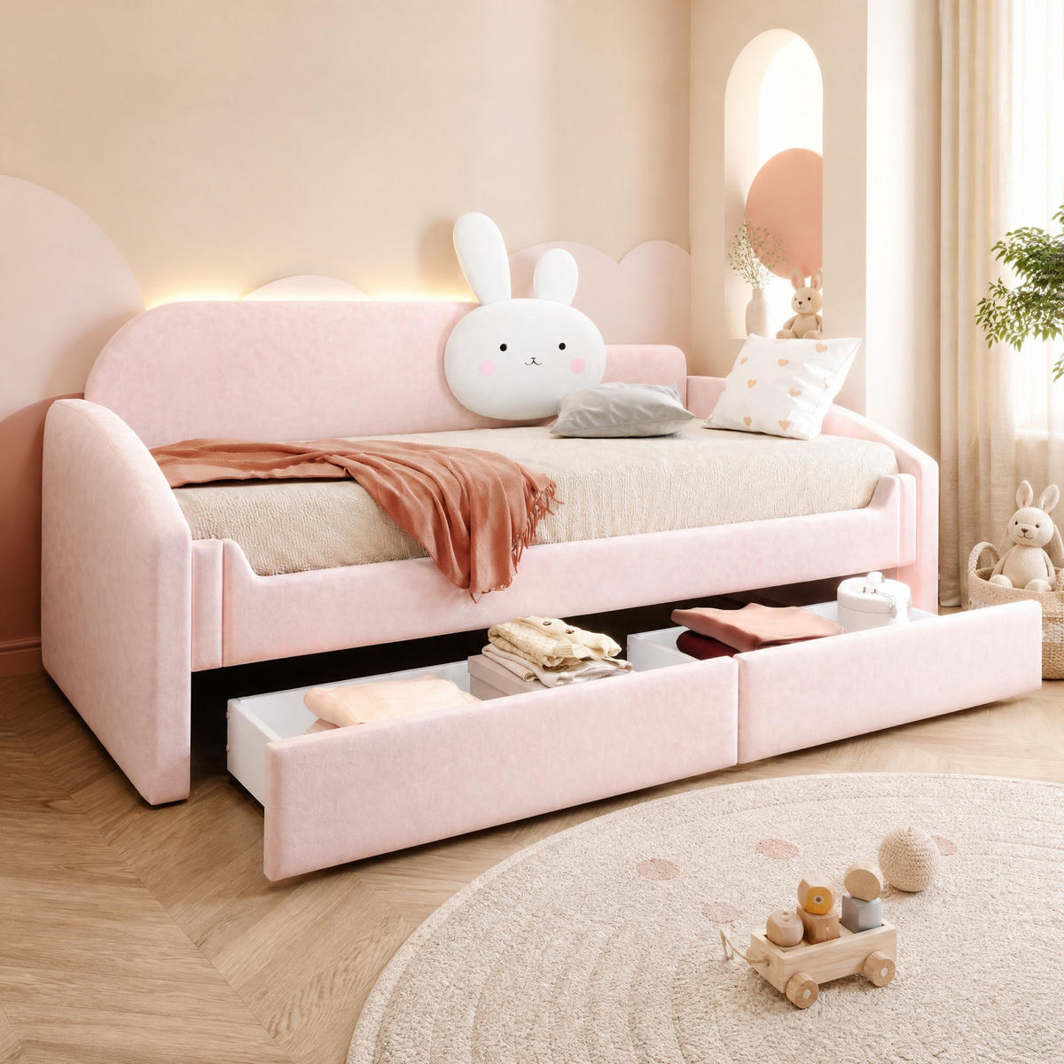 POLSTERBETT 90/200 cm aus Samt mit LED-Beleuchtung, Rosa - Pink, Textil (90/200cm) - OKMYHOME