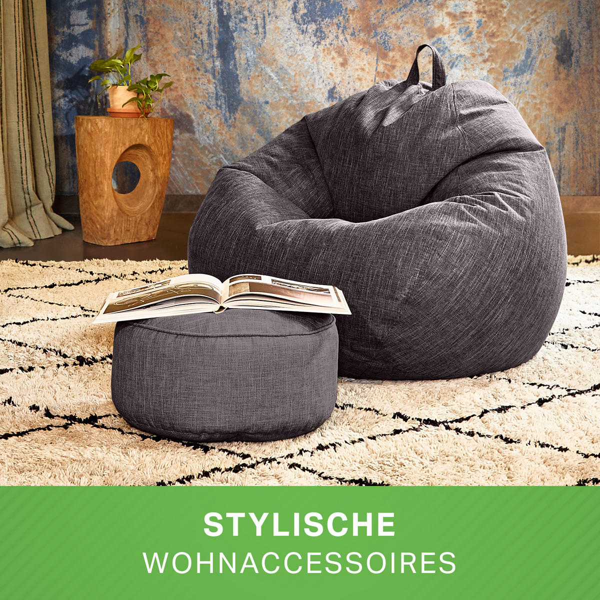 SITZSACK Indoor Set "Home Linen“+Hocker - Dunkelgrau, Textil (80/90/50cm) - Green Bean