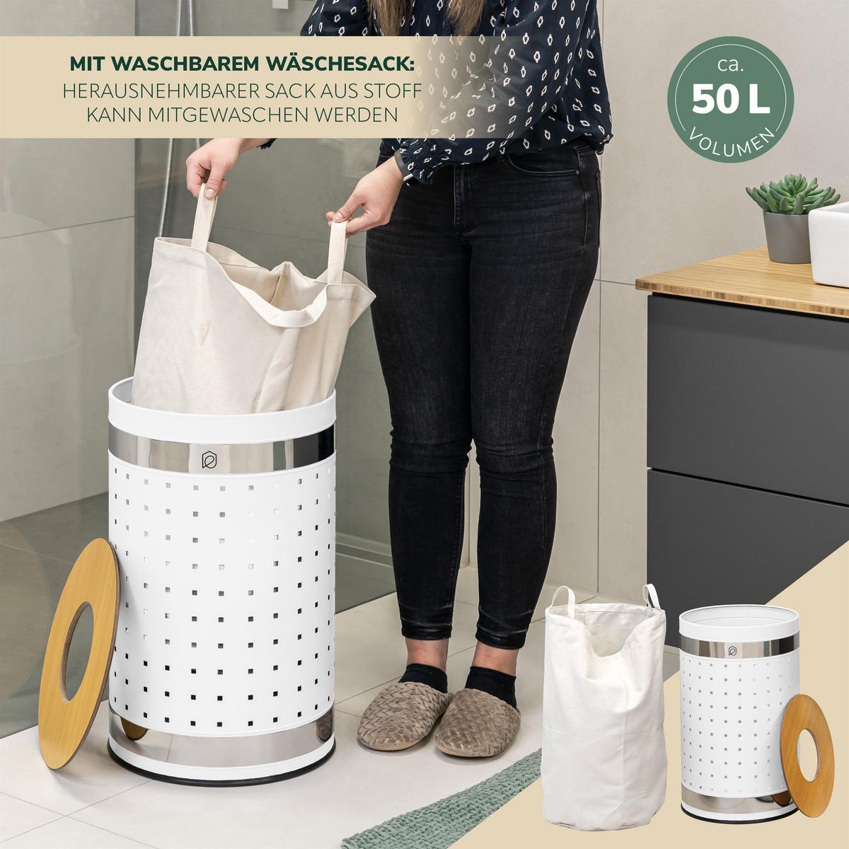 WÄSCHETONNE 50 Liter, weiß - Weiß, Metall (35.5/57.5/35.5cm) - eluno