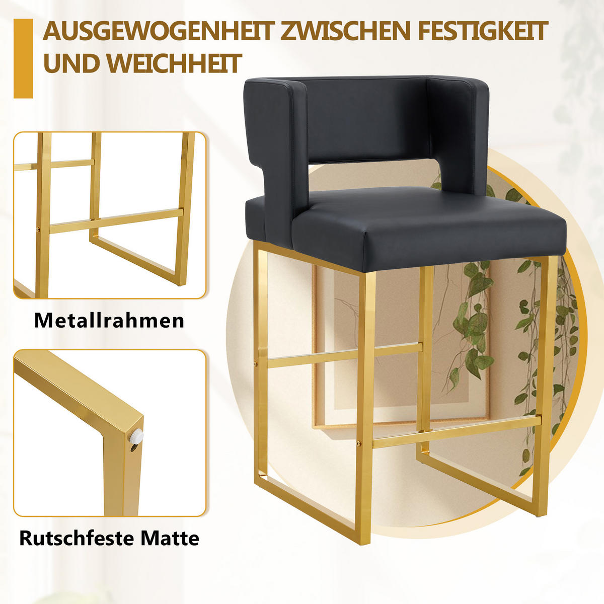 BARHOCKER 2er-Set Schwarz mit PU-Leder und goldenen Metallbeinen - Schwarz, Metall (48/91.4/53.3cm) - PANGIVO