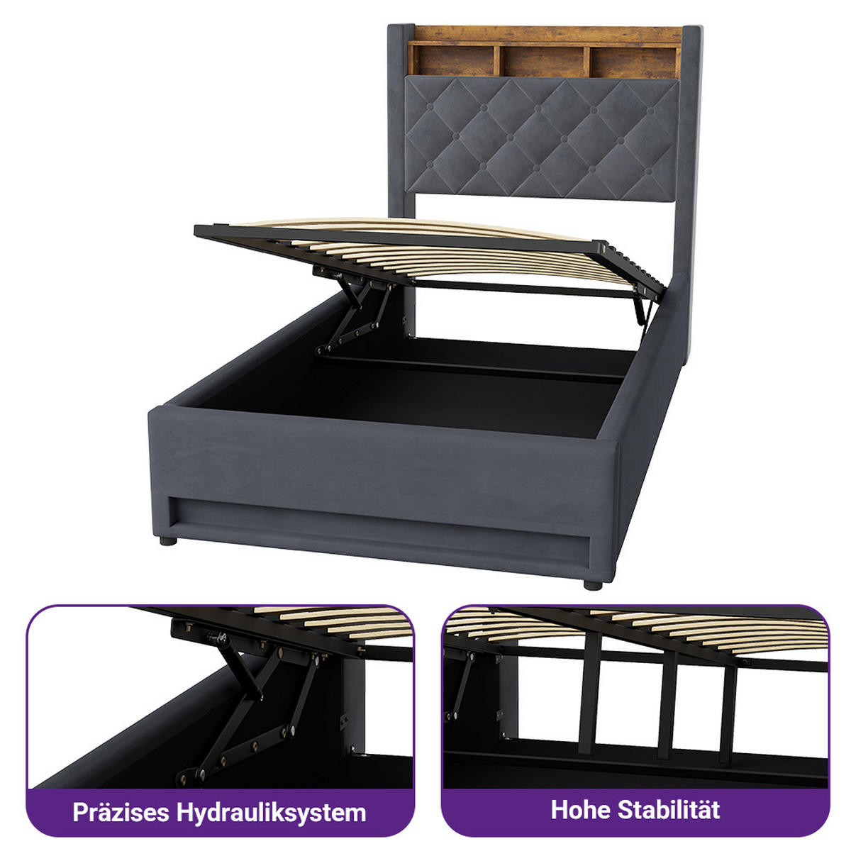 STAURAUMBETT 90/190 cm Grau mit USB und LED - Grau, Textil (90/190cm) - MIVRAY